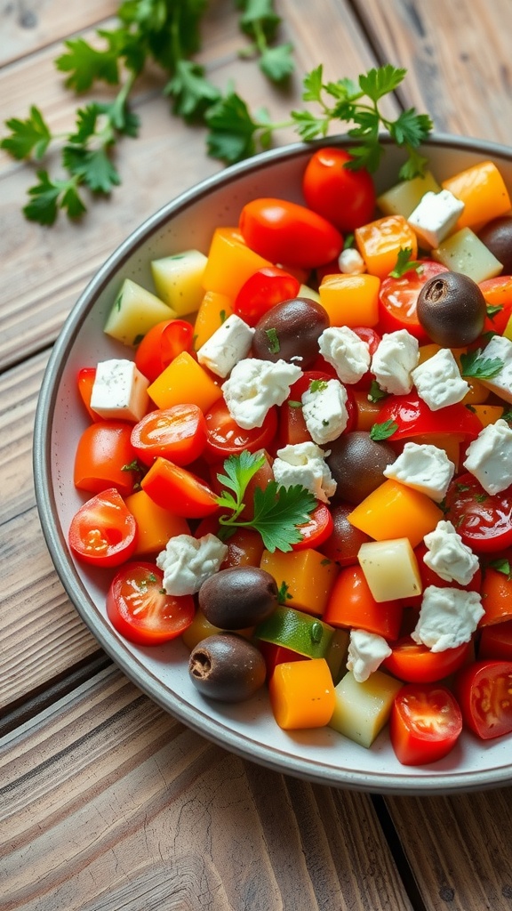 A colorful Mediterranean salad with tomatoes, cucumbers, bell peppers, olives, and feta on a rustic table.